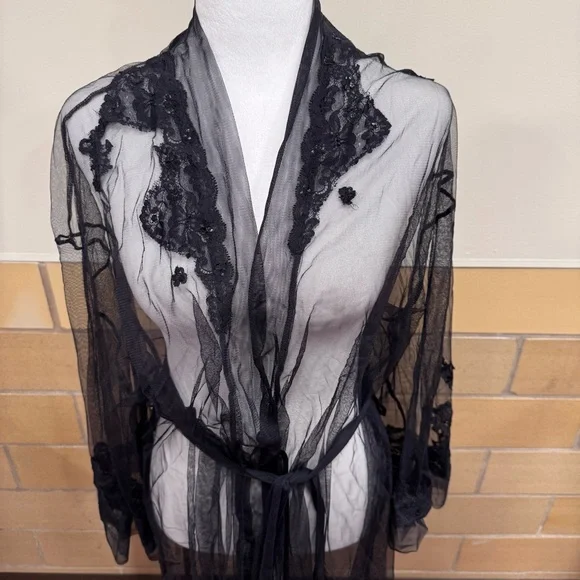 Victoria’s Secret long, sheer, black mesh tulle and lace peignoir robe M/L - Picture 2 of 8